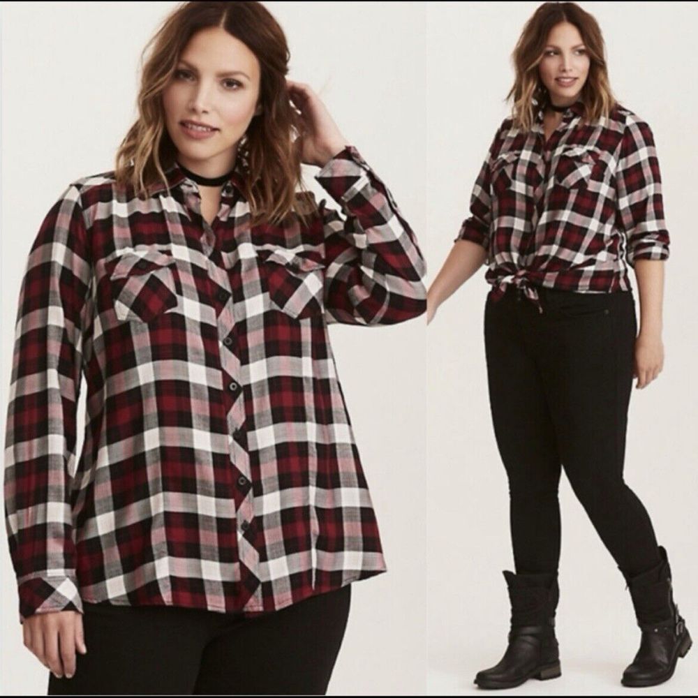 Torrid Pink Black White Plaid Flannel Button Up Long Sleeve Camp Shirt Size 2X